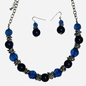 Vintage Sapphire Blue Faceted Glass Beaded Silver Tone Necklace Earrings Set 21”